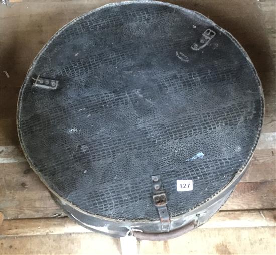 Early 20C drum kit, with cymbals, triangle & bell in a simulated crocodile skin case stamped John Grey & Sons, London